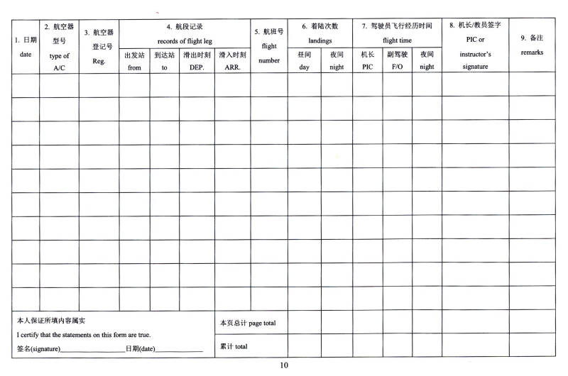 中国民航飞行经历记录本ccar121运输航空公司版本