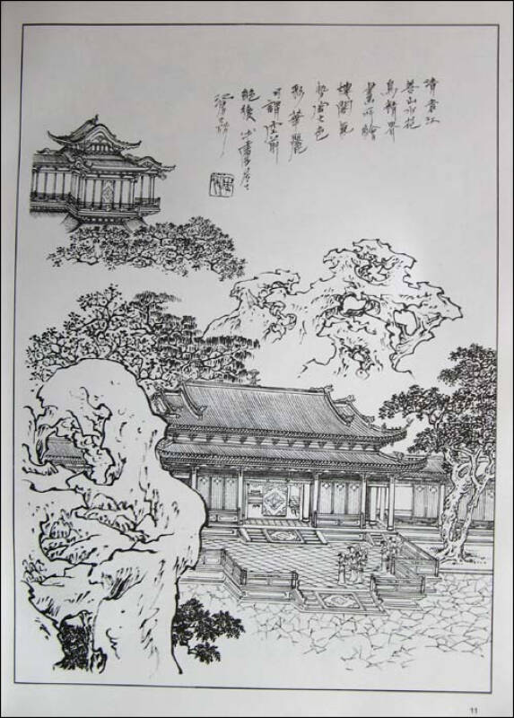 美术教学示范作品:界画楼台白描搞