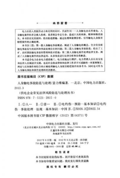 供电企业常见法律风险防范与处理丛书：人身触电事故防范与处理