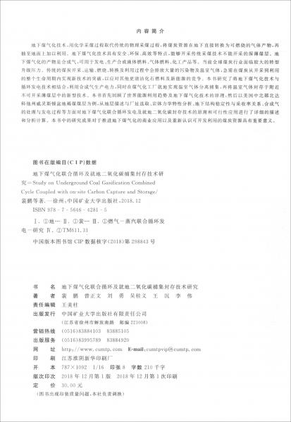 地下煤氣化聯(lián)合循環(huán)及就地二氧化碳捕集封存技術(shù)研究（英文版）